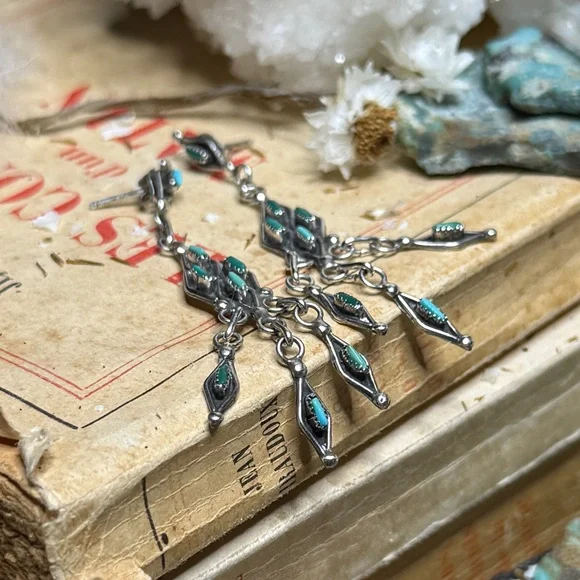 Artisan Native American Sterling Silver Turquoise Chandelier Dangle Earrings - Picture 7 of 10